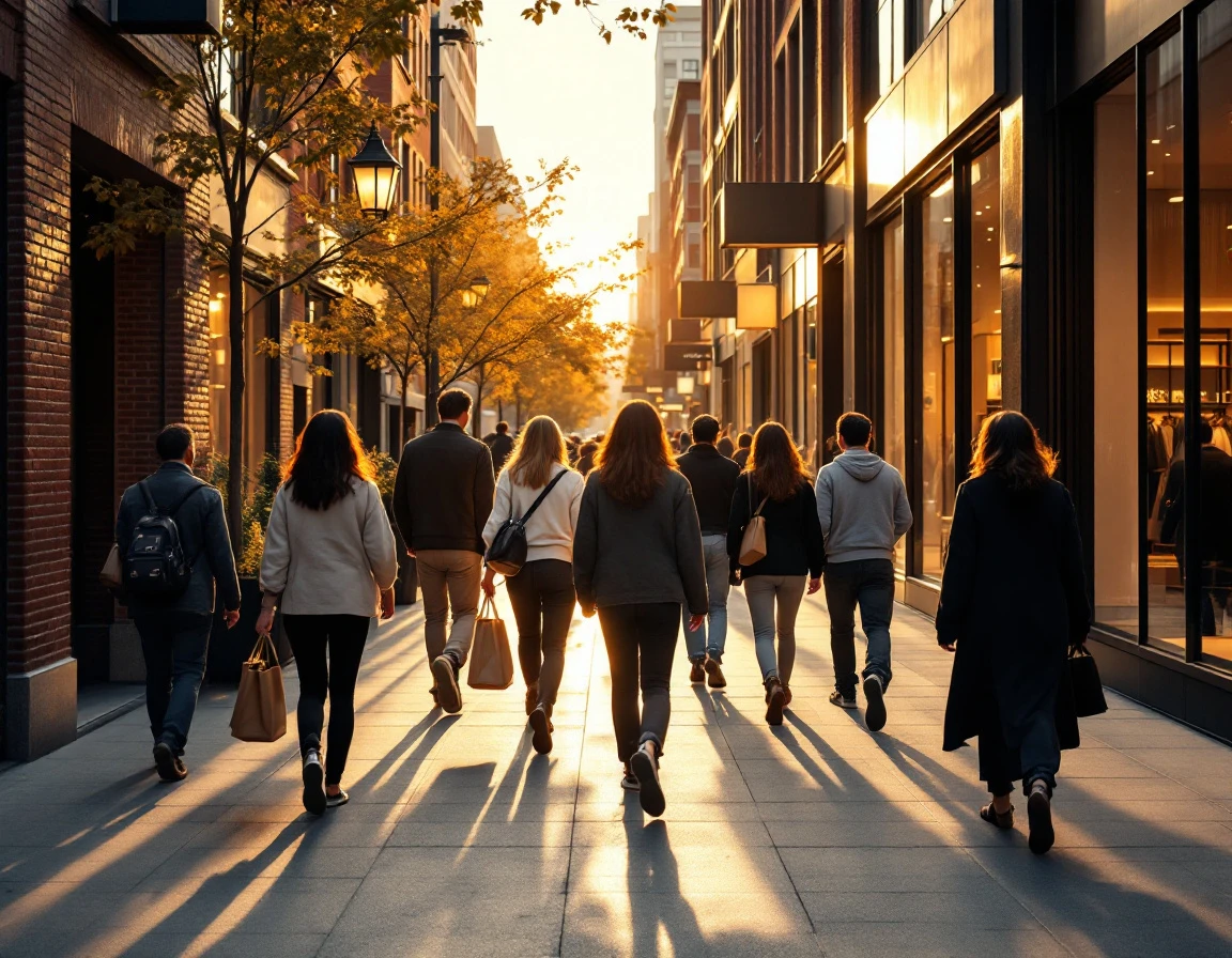 Shoppers walking through busy retail district during peak afternoon hours showing foot traffic patterns