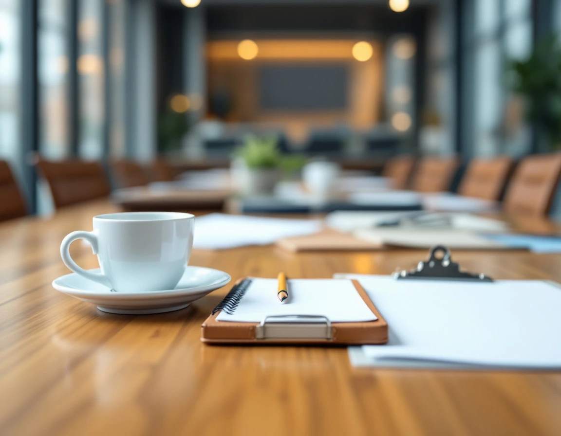Clean workspace with coffee and notebook showing professional labor planning environment