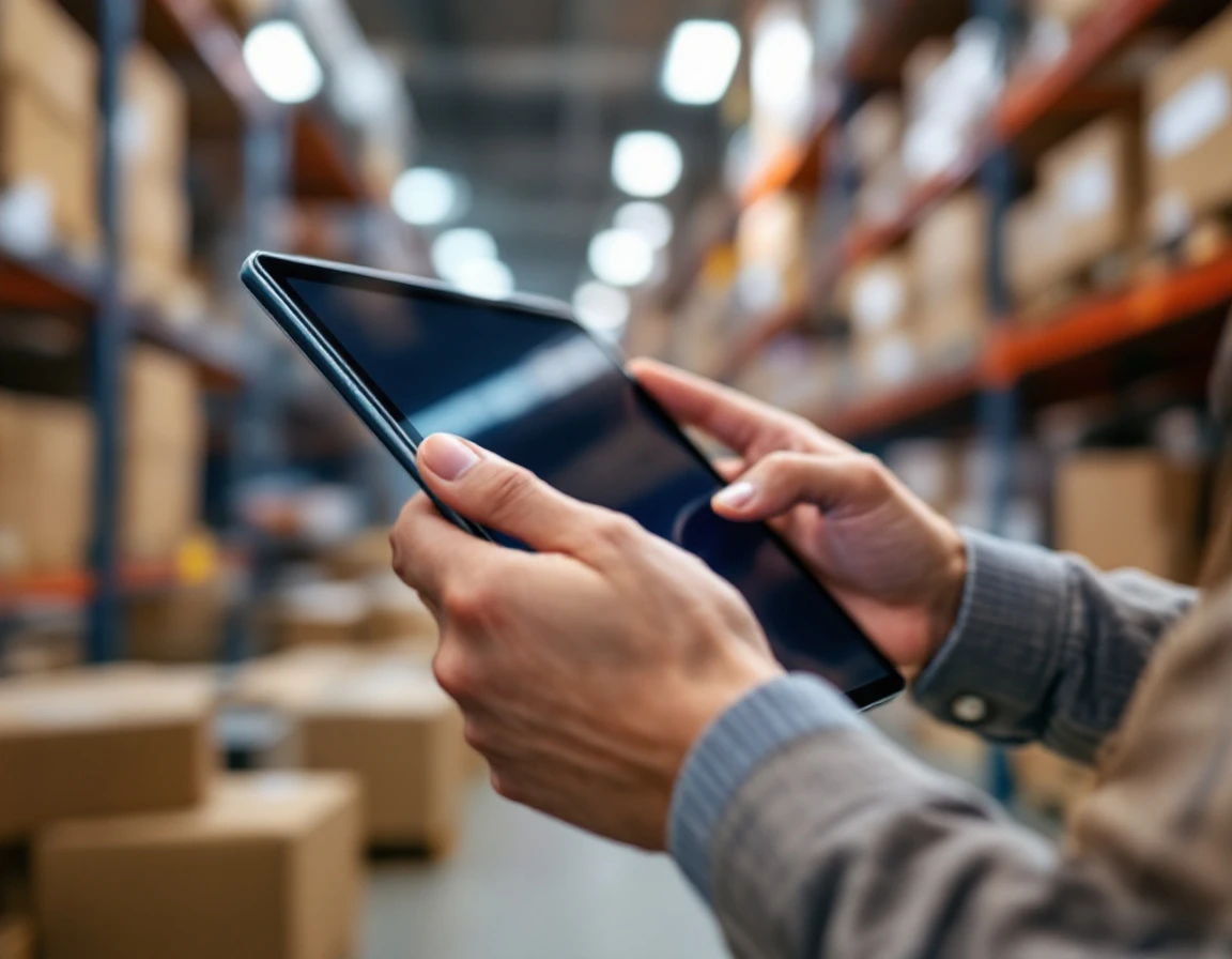 Retail manager holding tablet in warehouse stockroom with natural fluorescent lighting and inventory shelves