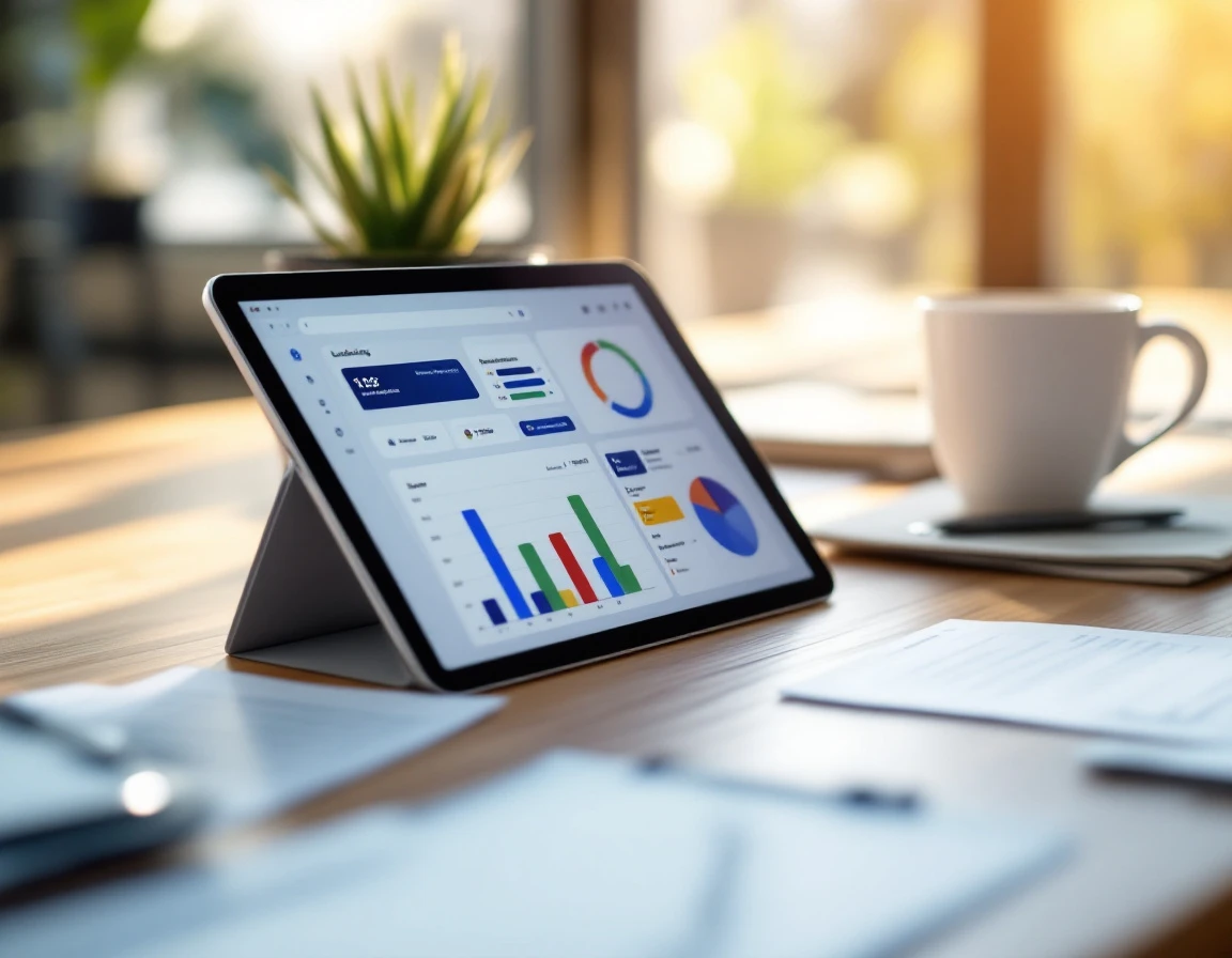 Tablet displaying scheduling analytics on desk with coffee cup and warm window lighting