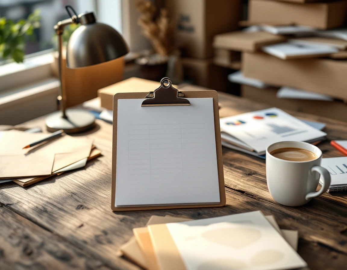 Organized desk workspace with clipboard, coffee, and planning materials for retail labor management