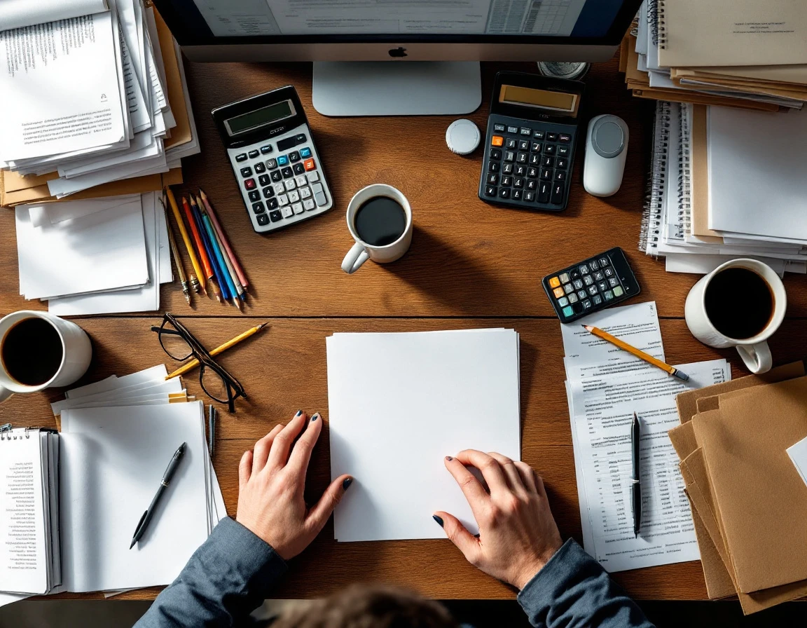 Overhead view of cluttered desk with calculators, blank papers, pens, and coffee mug showing retail payroll complexity