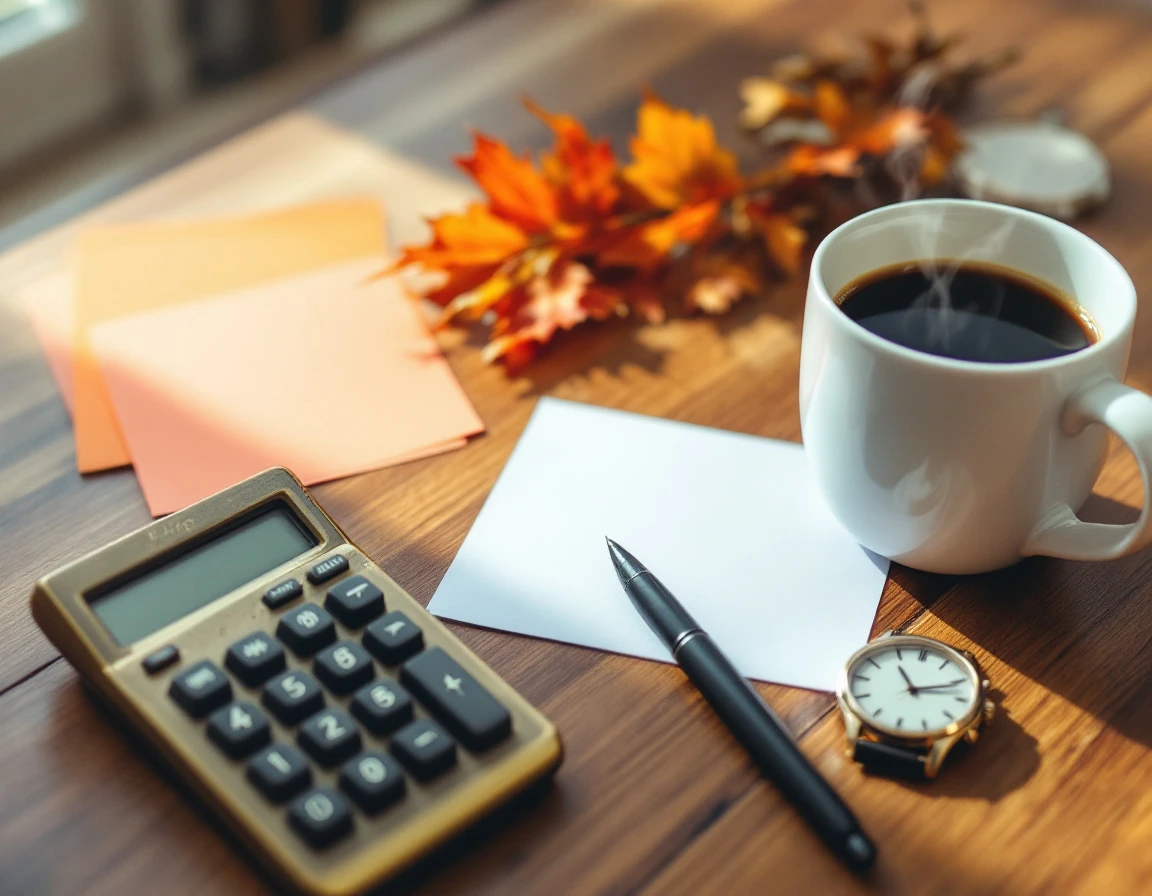 Flat lay of business planning tools including calculator, coffee, and autumn leaves on wooden desk surface