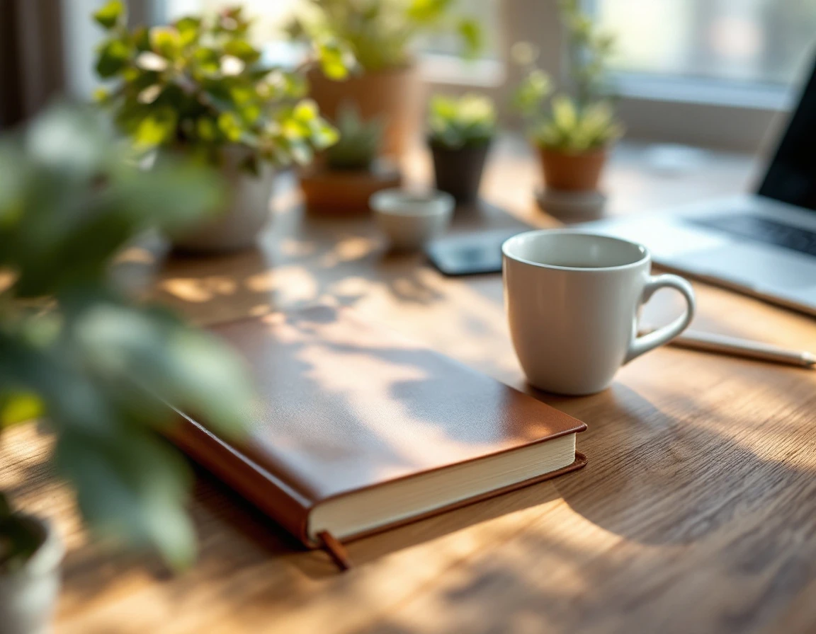 Professional desk workspace with coffee, closed journal, laptop, and plants showing organized workflow planning