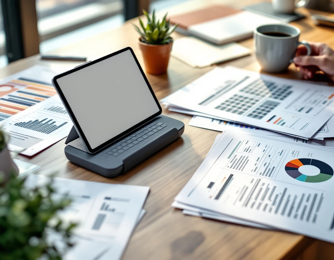 Business workspace with analytics materials, tablet, and planning documents for retail workforce optimization