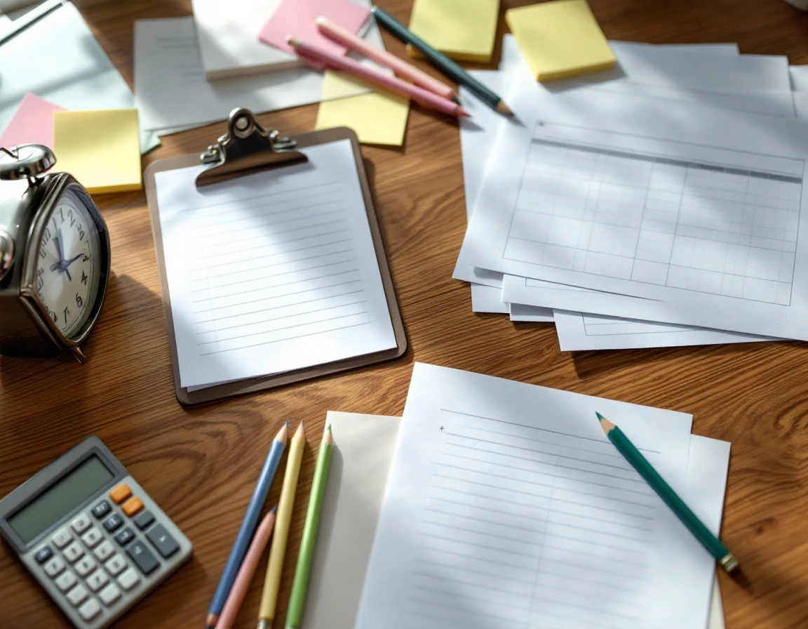 Overhead view of retail scheduling workspace with blank forms, calculator, and planning tools