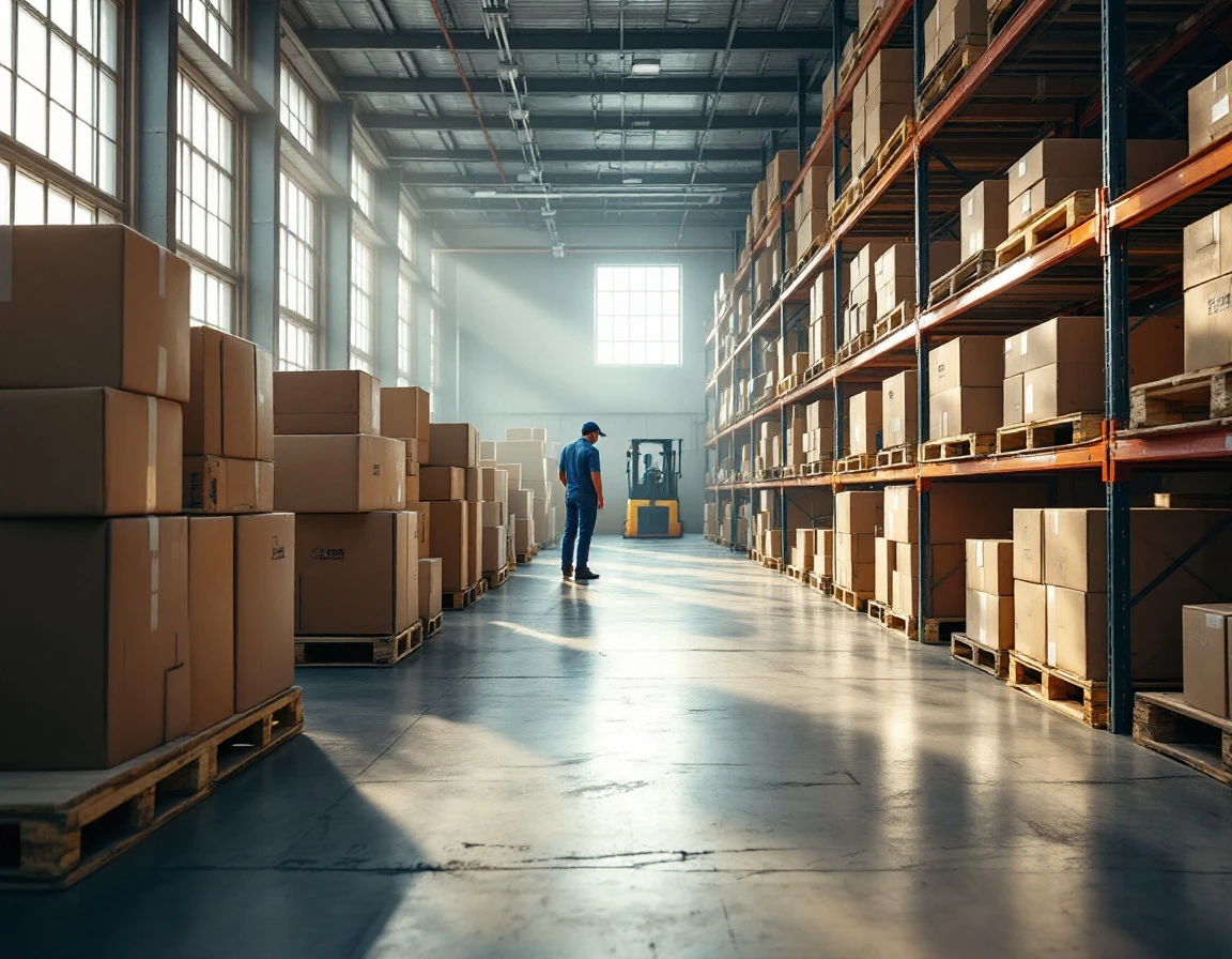 Warehouse worker reviewing inventory in naturally lit storage facility with varied pallet arrangements