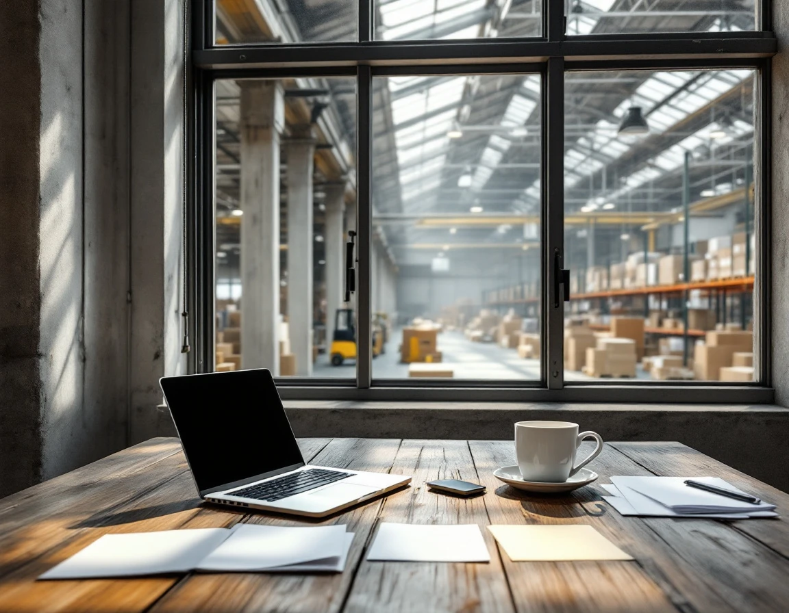 Industrial office desk overlooking warehouse floor with natural lighting and minimal workspace materials