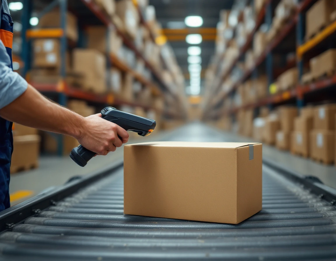 Worker scanning inventory box on warehouse conveyor with real-time tracking system in IKEA fulfillment center