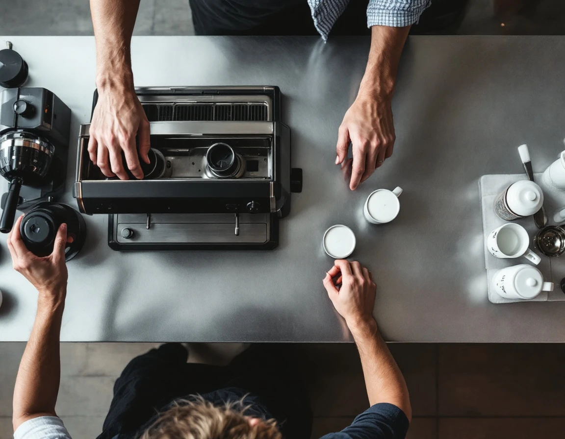 Overhead view of coffee bar workspace showing baristas' hands coordinating tasks at espresso station