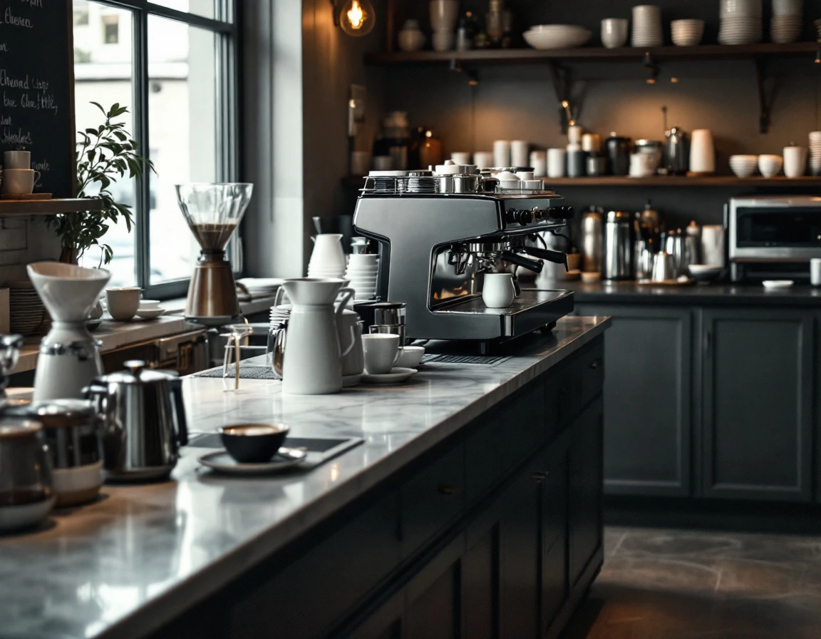 Coffee bar workstation showing espresso equipment layout and counter workflow organization