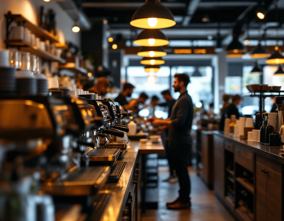 Coffee shop barista workspace showing cramped layout and tight workflow corridors behind espresso bar