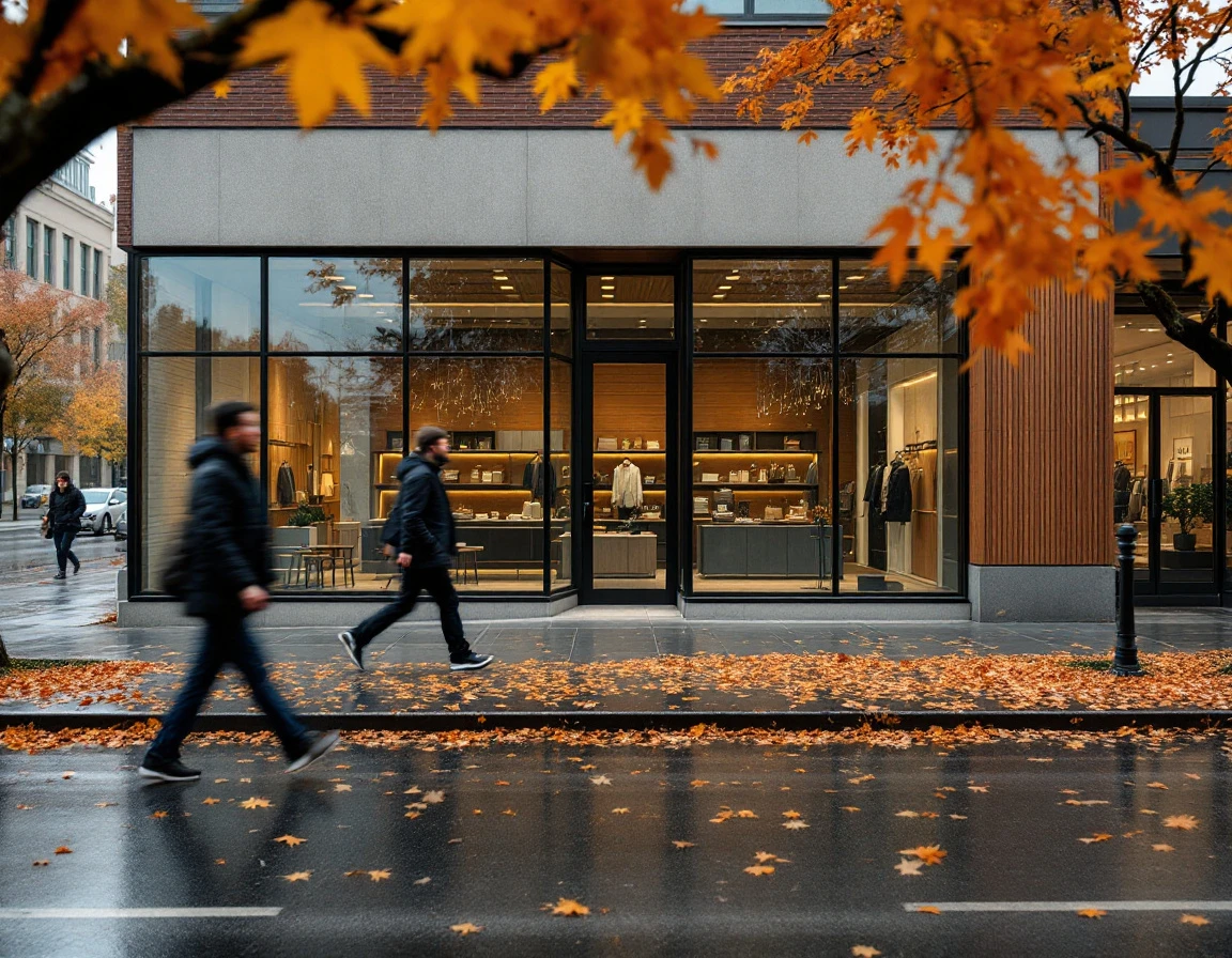 Modern retail storefront with glass facade on overcast day in Pacific Northwest shopping district