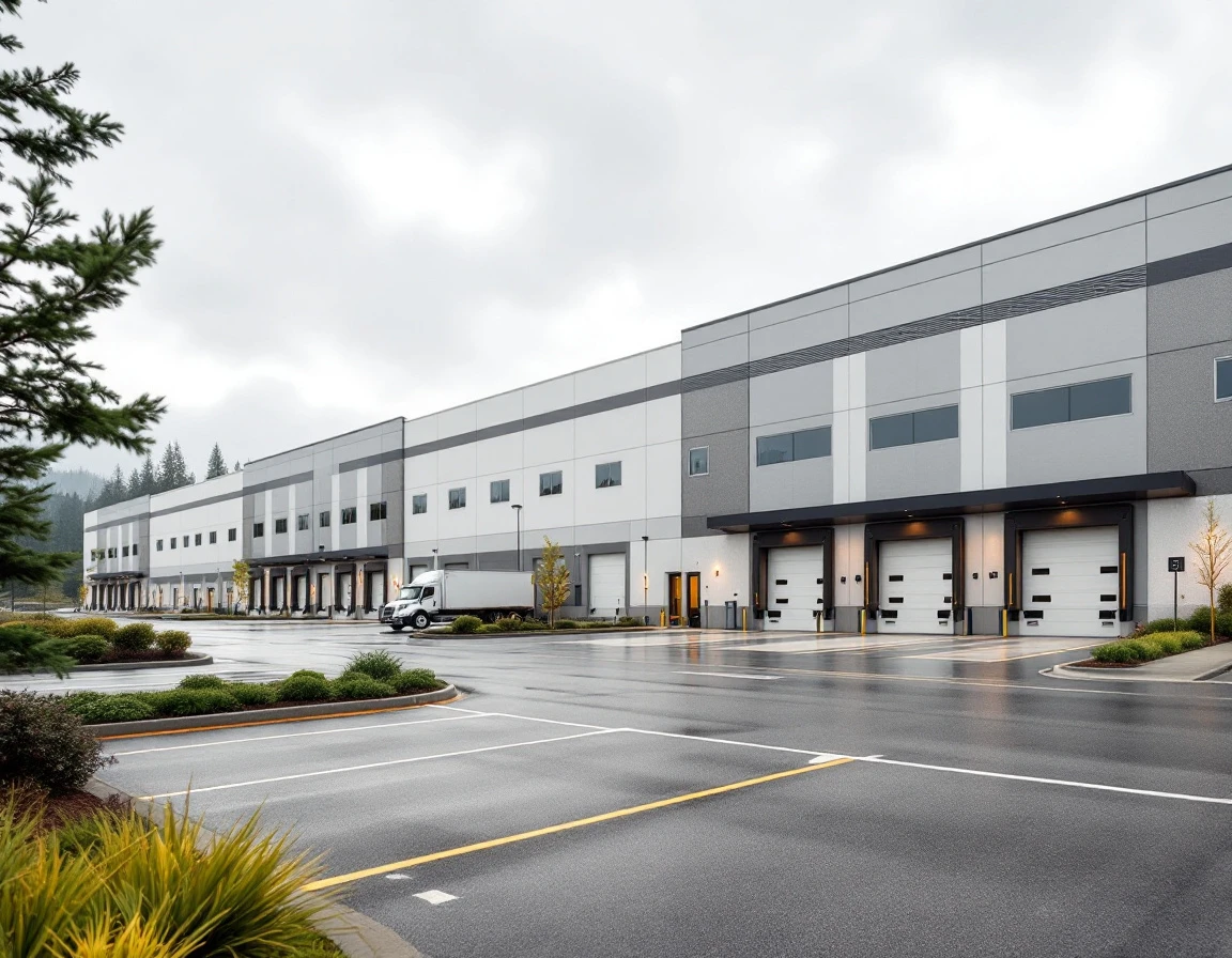 Large commercial distribution center with multiple loading docks under overcast Pacific Northwest sky