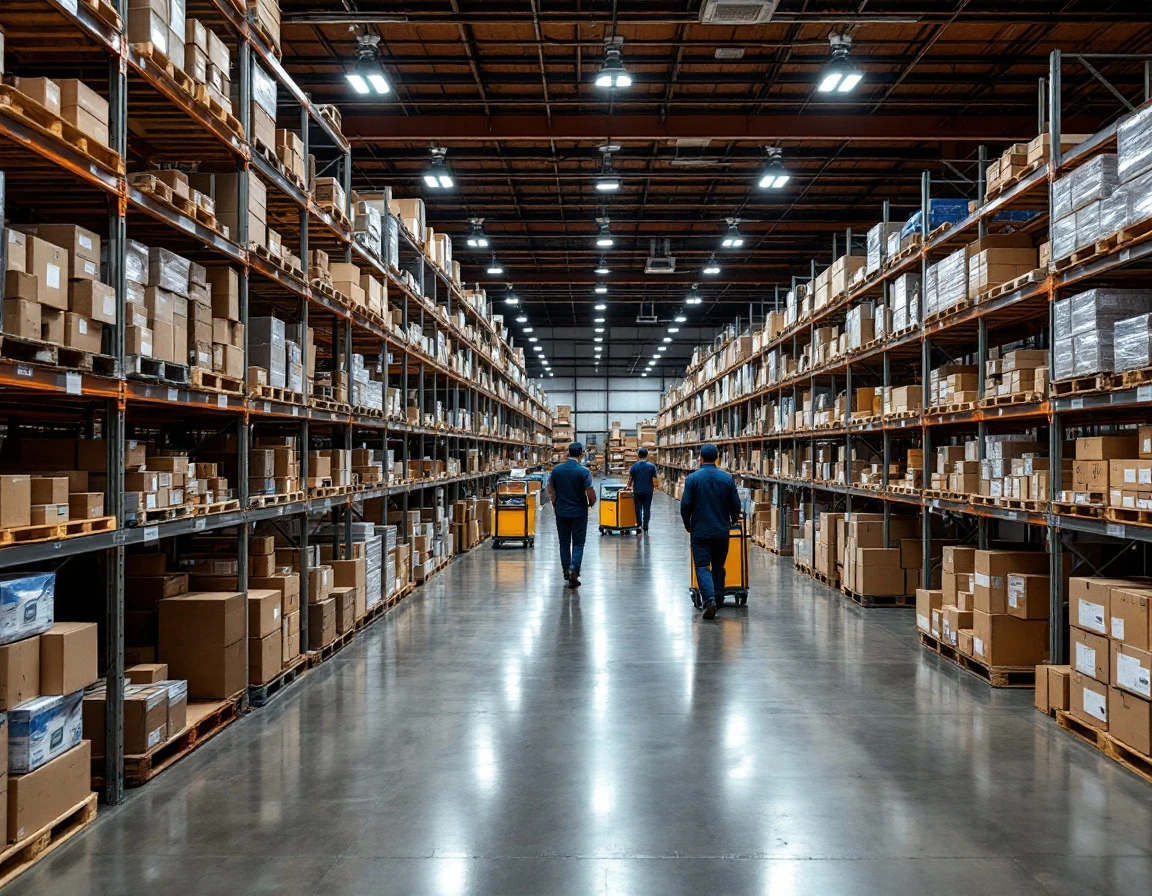 Warehouse interior showing multiple aisle layouts with wooden shelving at different heights for retail space comparison