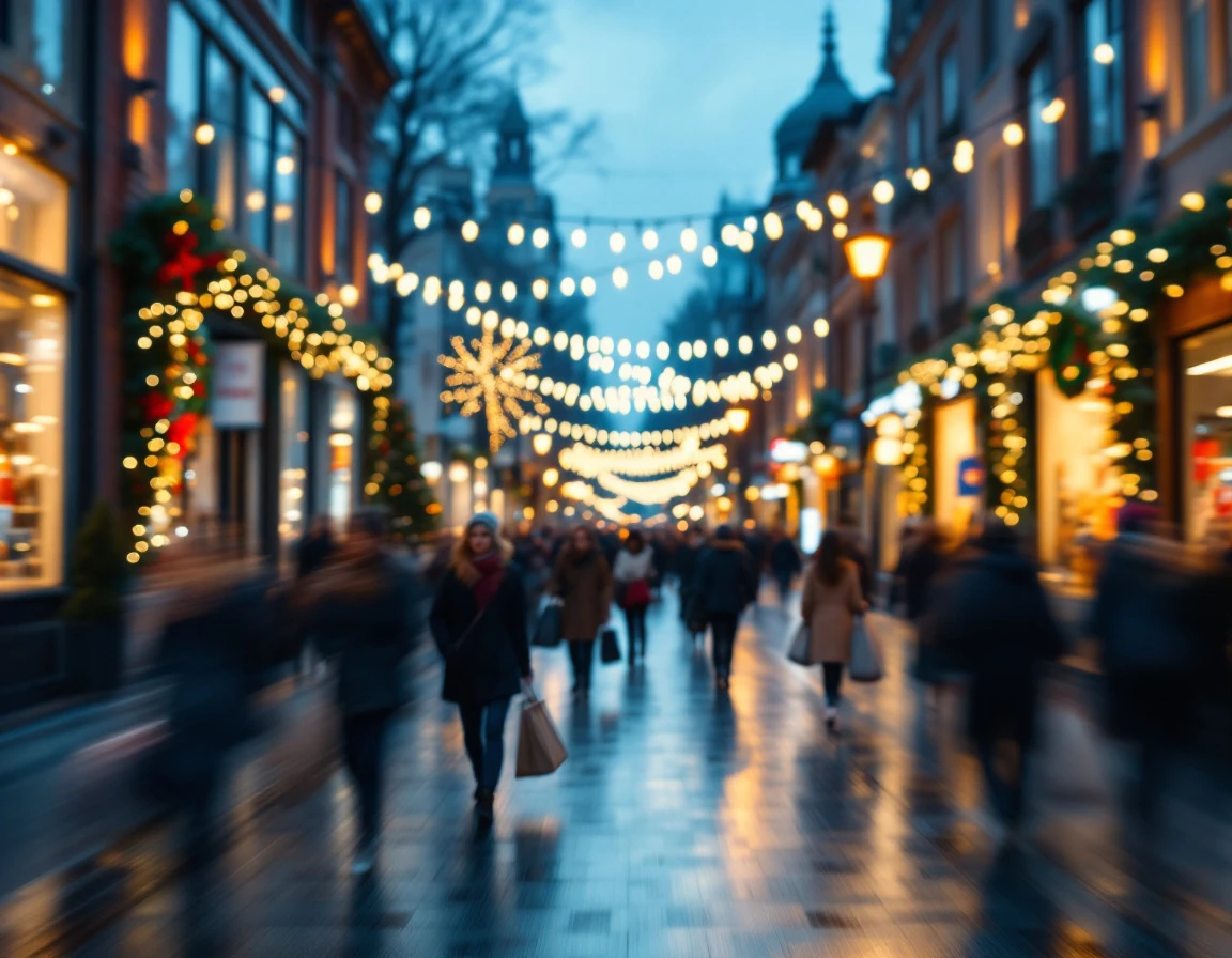Crowded holiday shopping street at dusk with festive decorations and motion-blurred shoppers during peak retail season