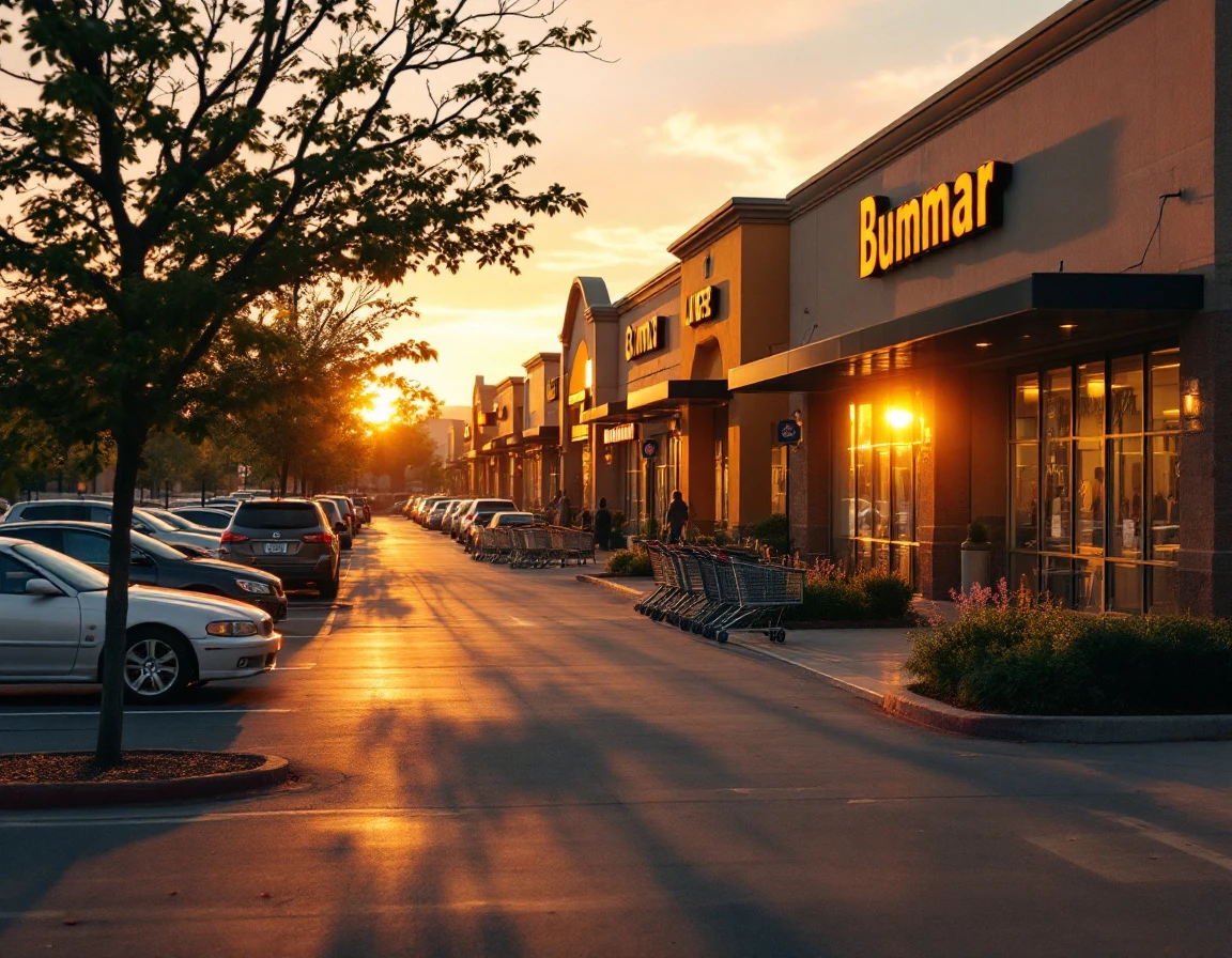 Shopping plaza at dusk showing multiple retail storefronts with parking lot during busy holiday season