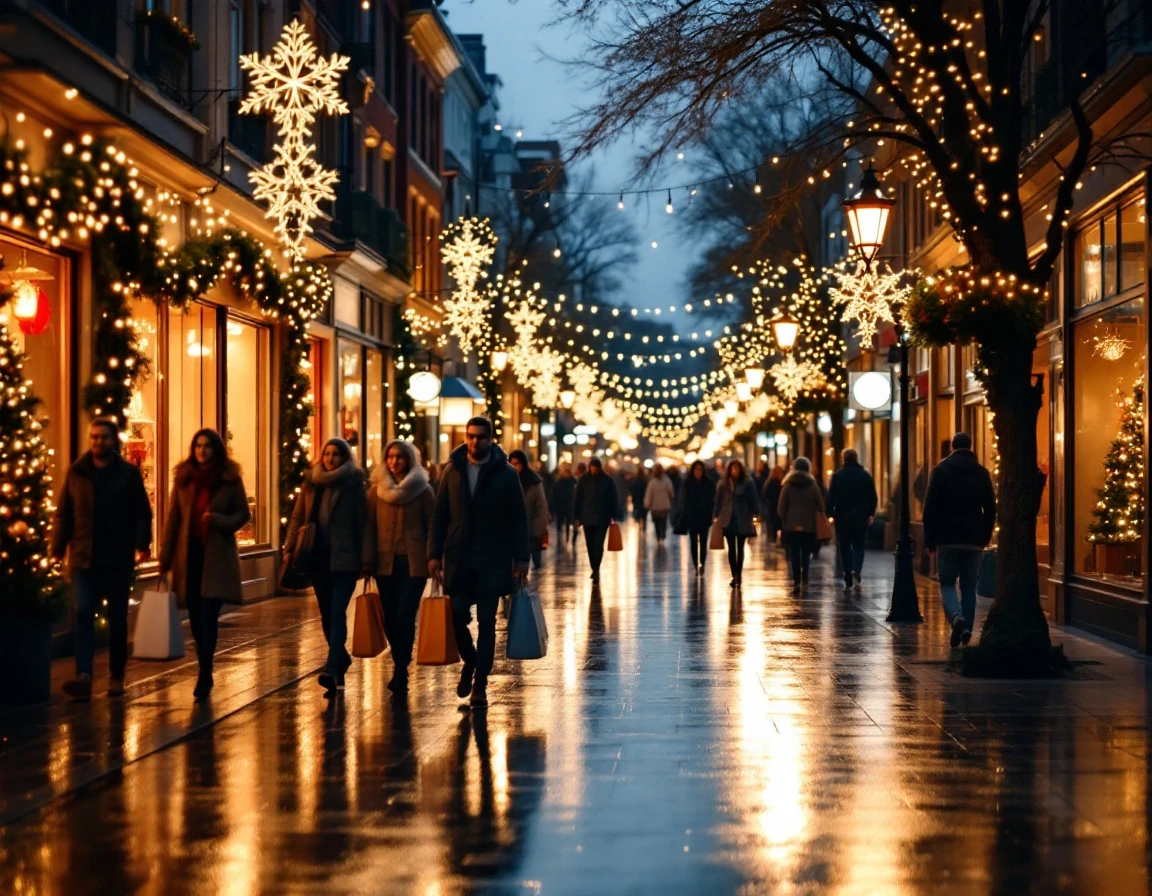 Holiday shopping district with decorated storefronts, wet streets reflecting lights, and blurred shoppers