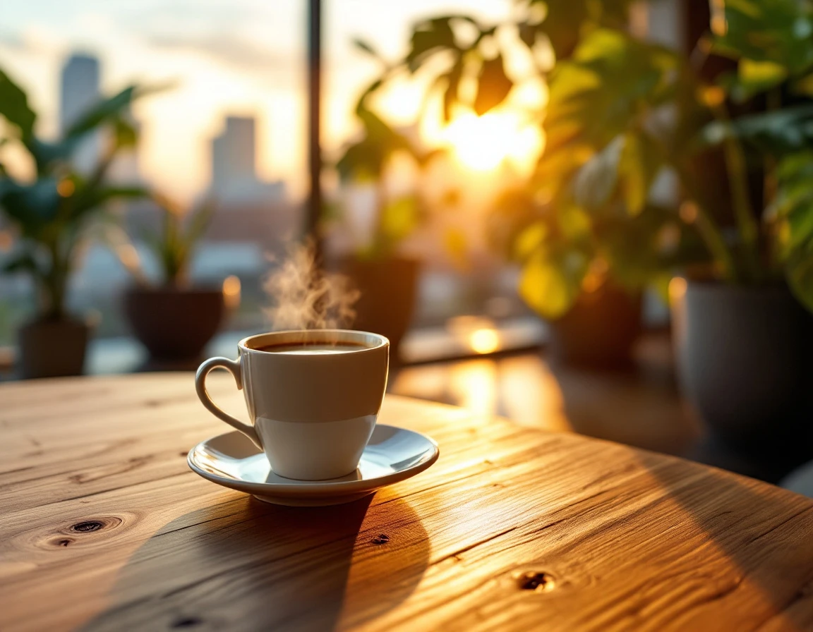 Coffee cup on wooden table in modern office café with warm natural lighting and urban views