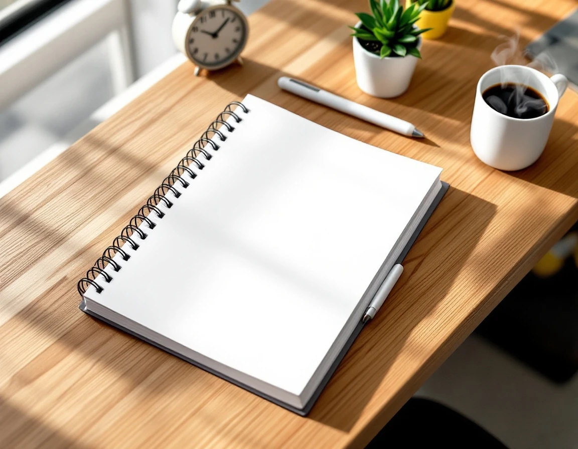 Clean spiral notebook on office desk with coffee mug, clock, and plant in natural window light