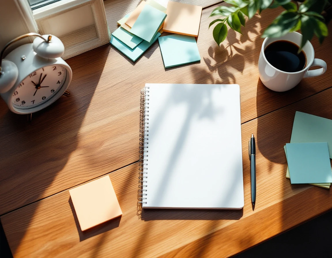 Clean wooden desk workspace with blank notebook, unmarked sticky notes, and coffee cup in natural morning light