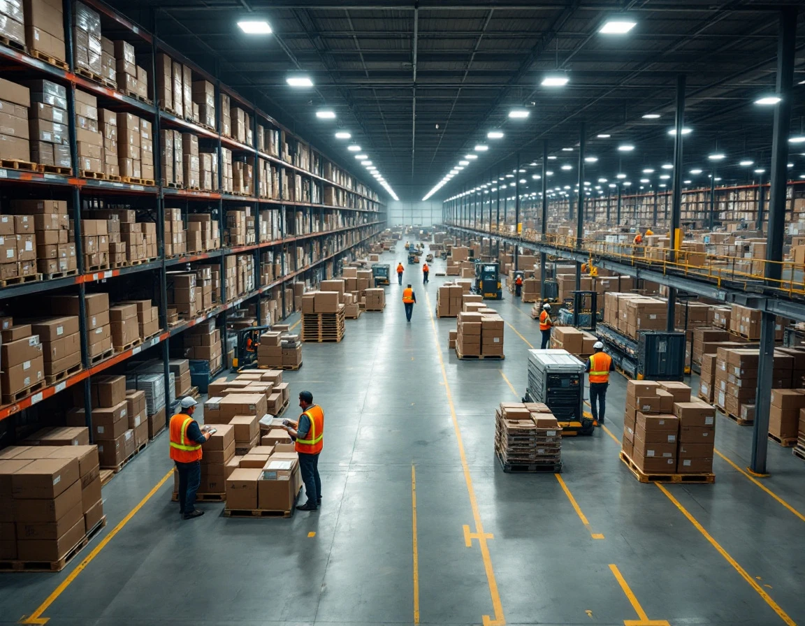 Retail warehouse floor during Q4 holiday season showing staffing activity and stacked inventory boxes