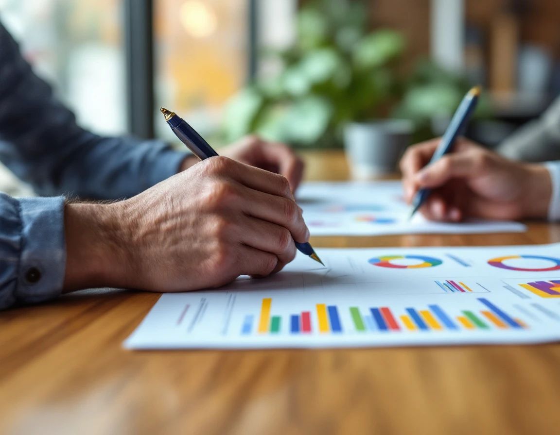 Hands analyzing blurred workforce planning charts during retail Q4 labor demand forecasting session