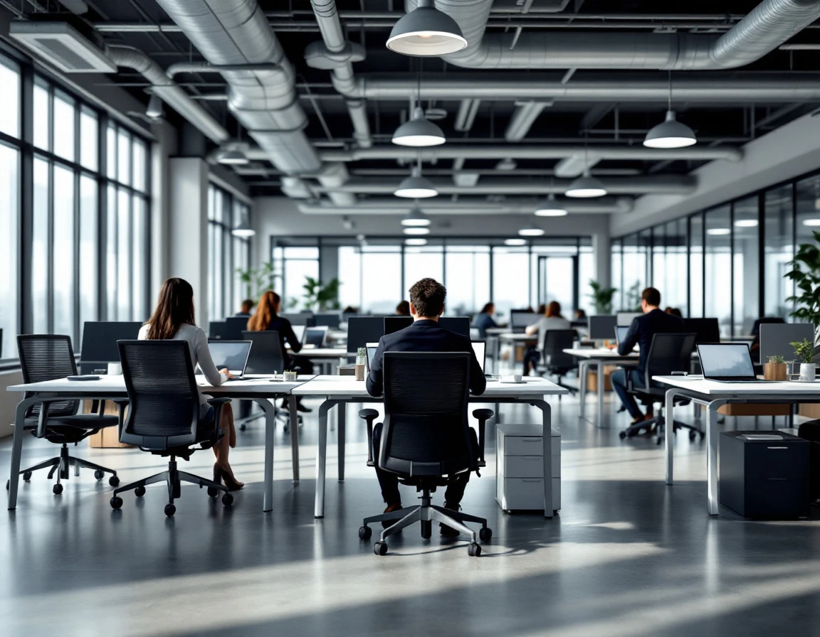 Modern office with mix of occupied and empty workstations showing workforce planning challenges