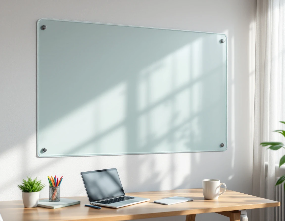 Modern office workspace with whiteboard and planning materials in soft natural light