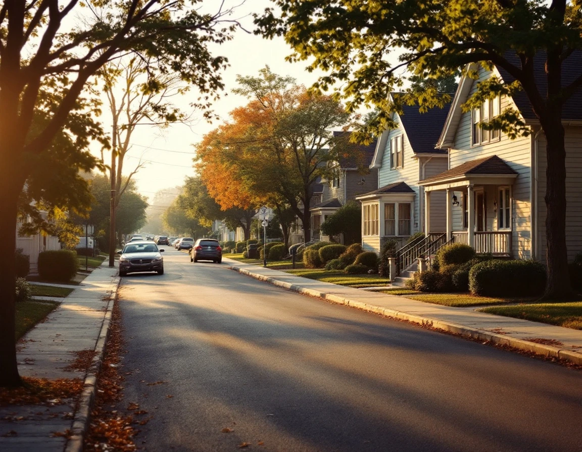 Quiet suburban street at dawn before the workday begins in a residential neighborhood