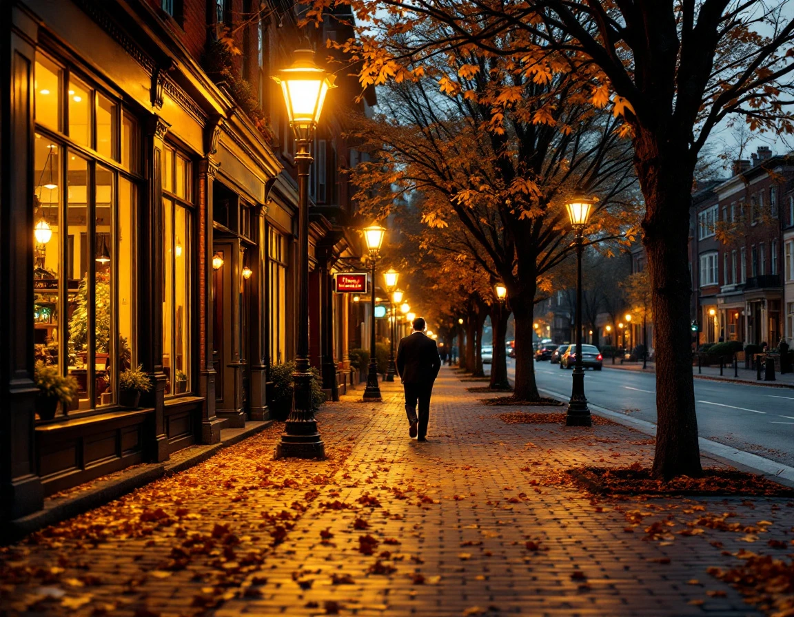 Autumn evening street scene with storefronts and solitary pedestrian on brick pavement under street lamps