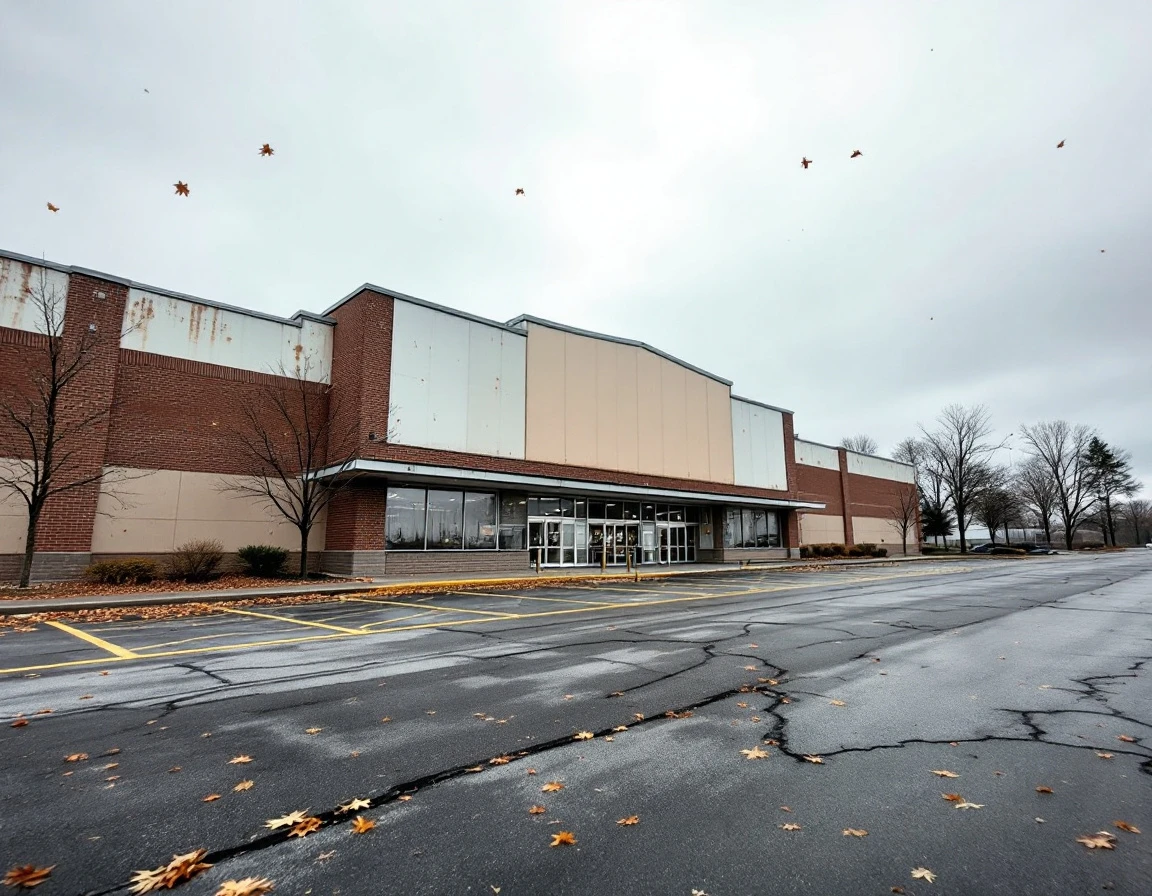 Abandoned retail store with empty parking lot showing weathered facade and signs of long-term vacancy