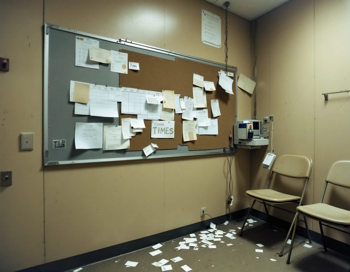 Empty retail break room with disconnected time clock and scattered scheduling materials showing workforce management collapse