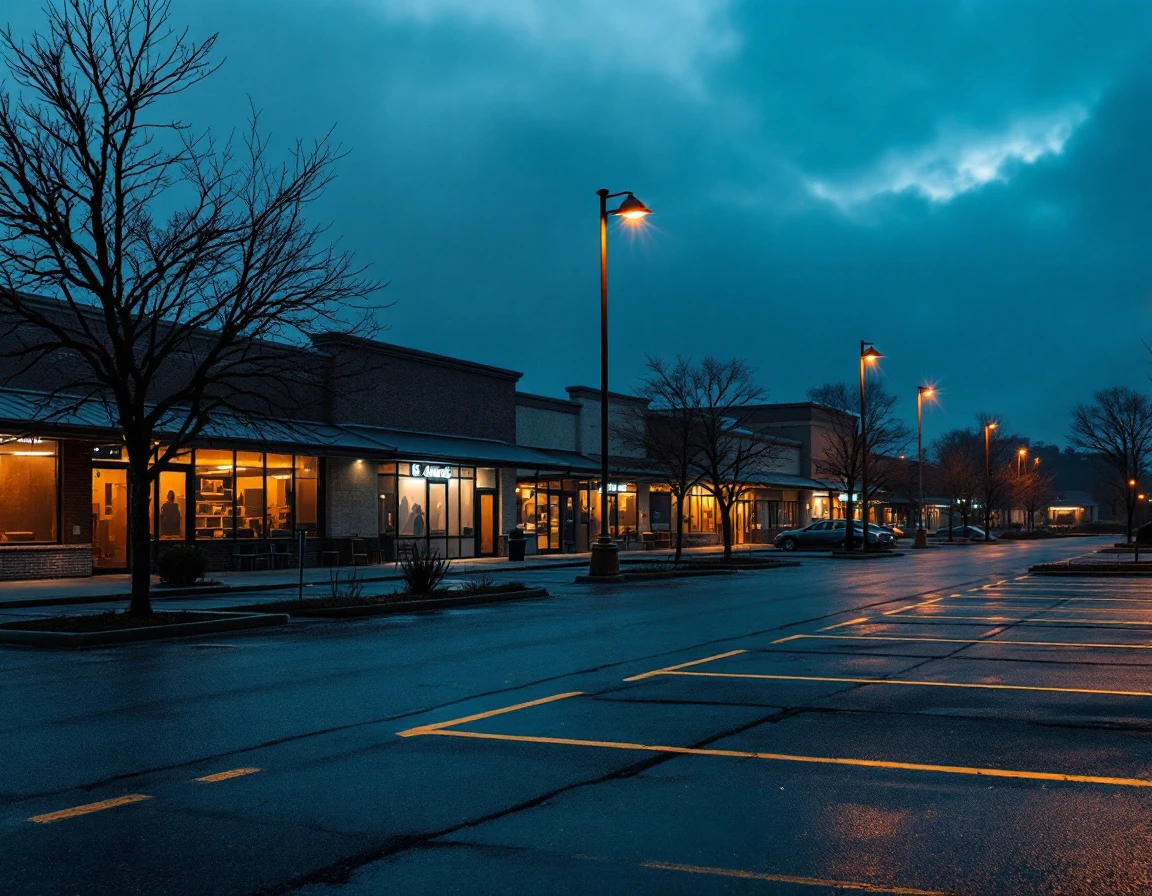 Empty retail plaza at twilight with vacant storefronts and deserted parking lot showing commercial abandonment