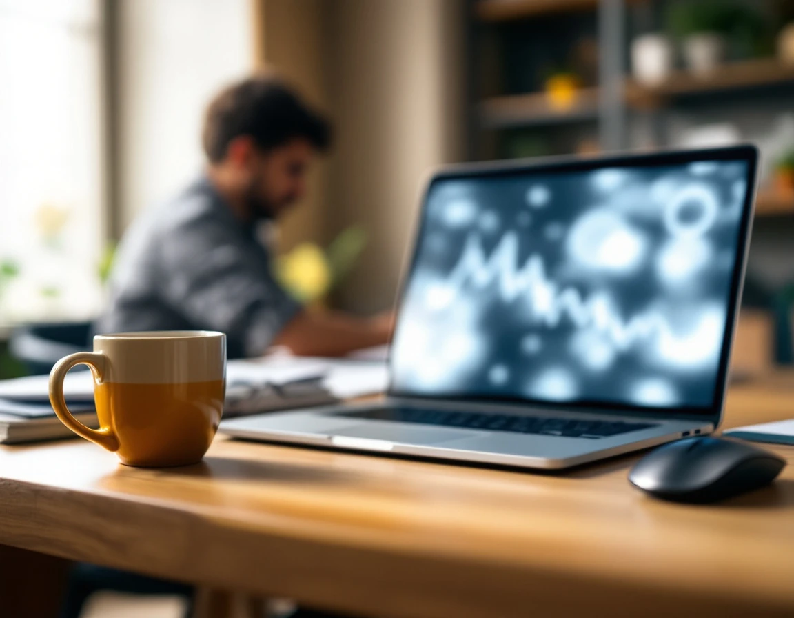 Professional workspace with laptop showing blurred analytics display, coffee mug, and glasses on wooden desk