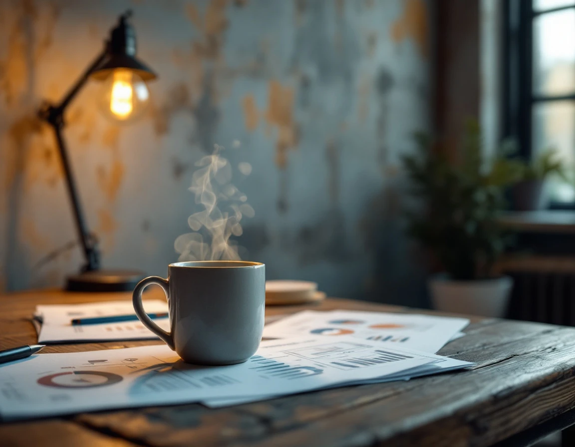 Wooden desk with coffee and abstract business papers in early morning warehouse office lighting