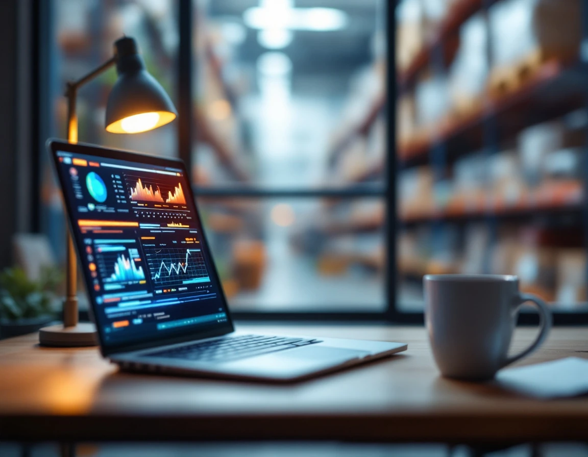 Laptop displaying abstract analytics visualizations on desk in warehouse office with coffee mug and lamp