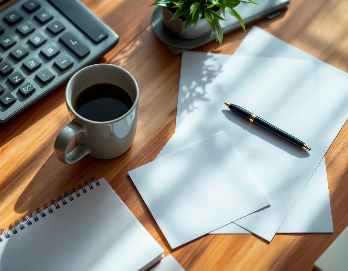 Wooden desk with coffee, calculator, blank papers and planning materials for workforce scheduling