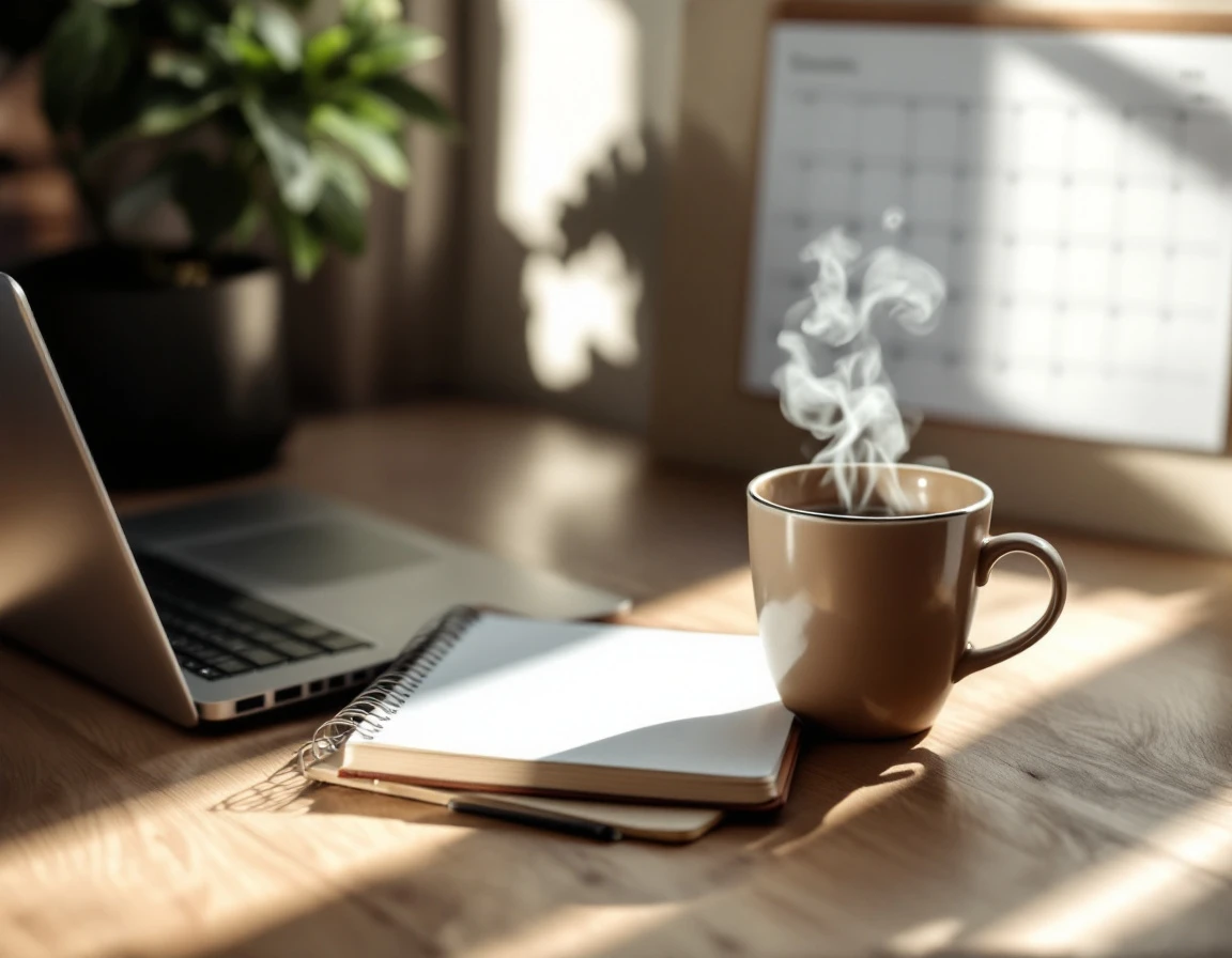 Overhead view of organized desk workspace with laptop, notebook, coffee mug, and blank calendar grid