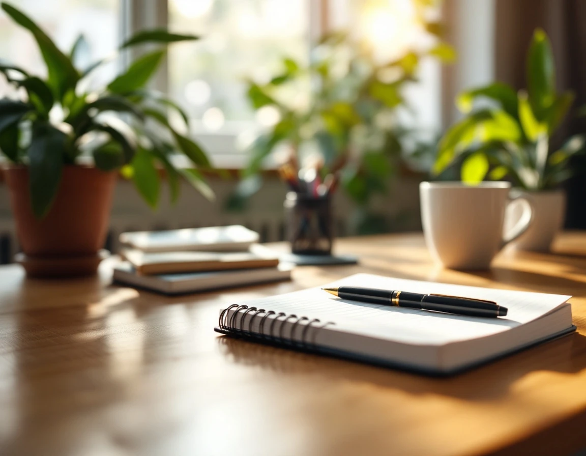 Wooden desk workspace with coffee, open notebook, and pen in natural morning light