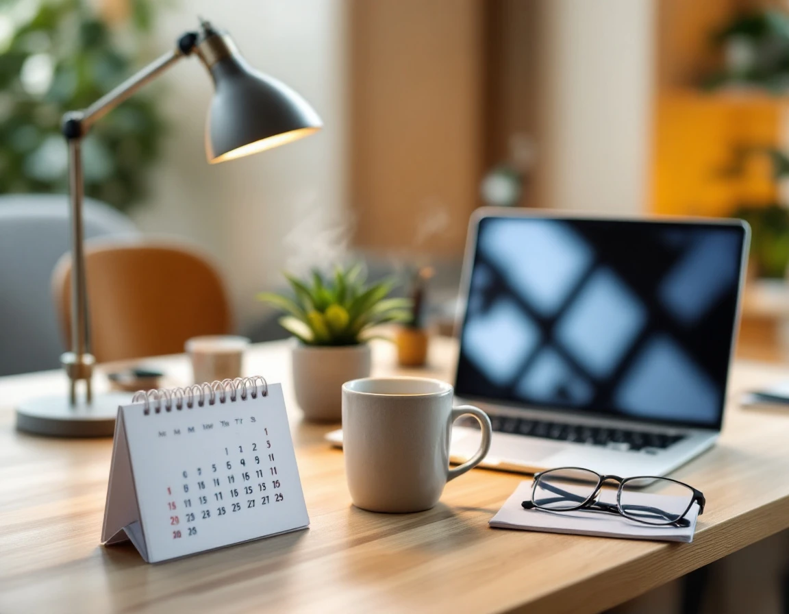 Organized retail workspace with calendar, laptop, and desk accessories in natural morning light