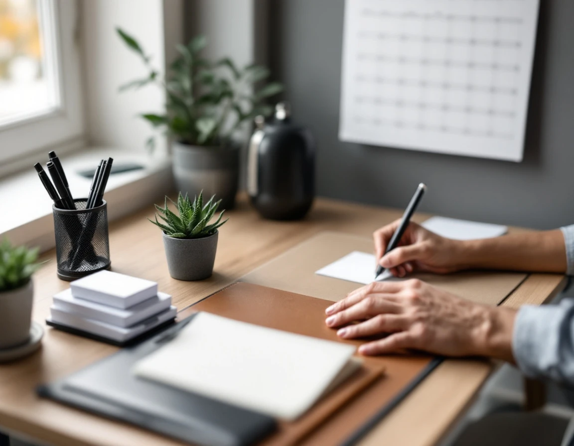 Organized office desk with planning tools and blurred calendar in background during peak vacation request season