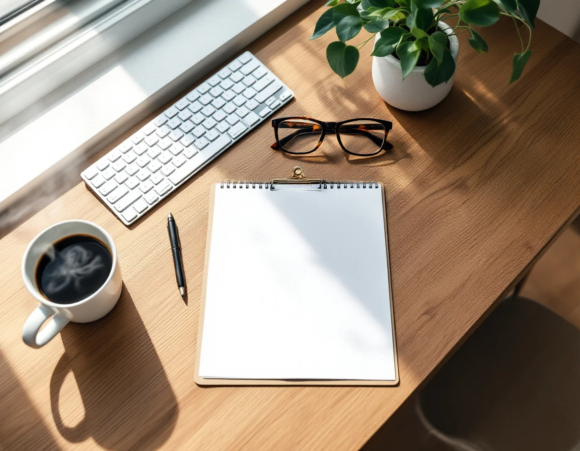 Organized wooden desk with blank calendar, coffee, and office supplies in natural morning light