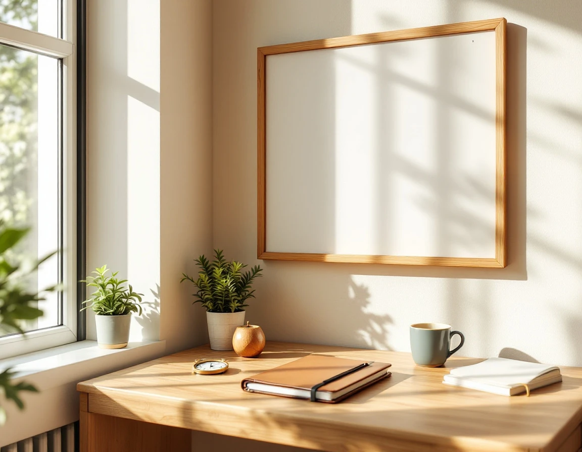 Workspace with blank planning board, closed planner notebook, and clock for scheduling coverage gaps