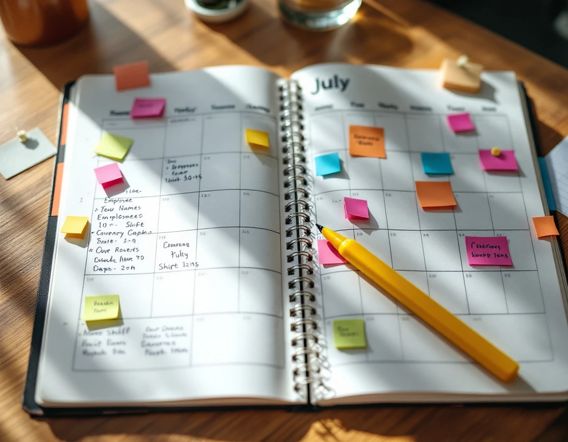 Desk planner with handwritten schedules, color-coded notes, and visible coverage gaps during summer staffing