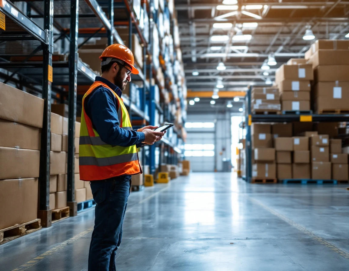 Warehouse worker scanning inventory with handheld device among stacked shipping boxes on metal shelving
