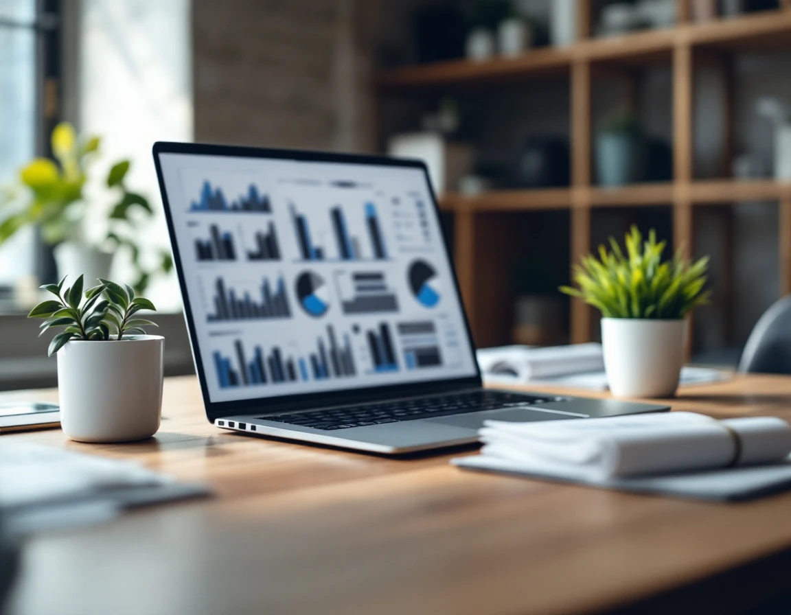 Clean workspace with laptop showing data visualizations, documents, and coffee mug in retail planning office