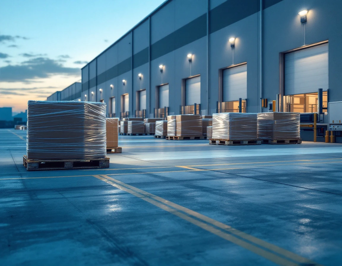 Organized retail distribution center loading dock prepared for peak season operations at dawn