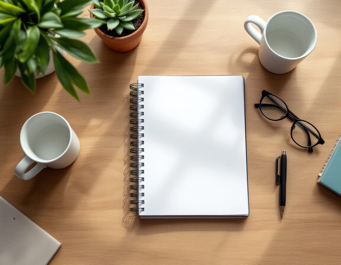 Clean desk workspace with closed notebook, coffee cups, and succulent plant in natural lighting