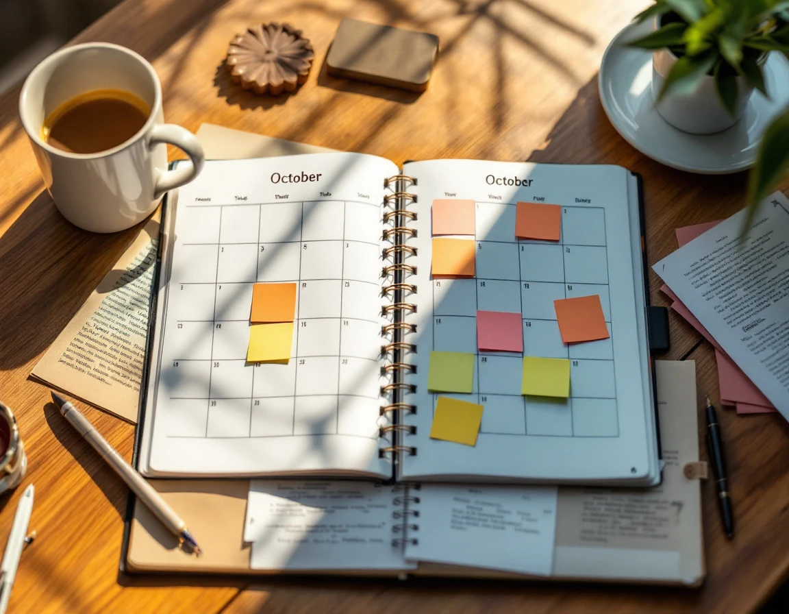 Open October calendar planner with handwritten schedule blocks and scattered sticky notes on a wooden desk